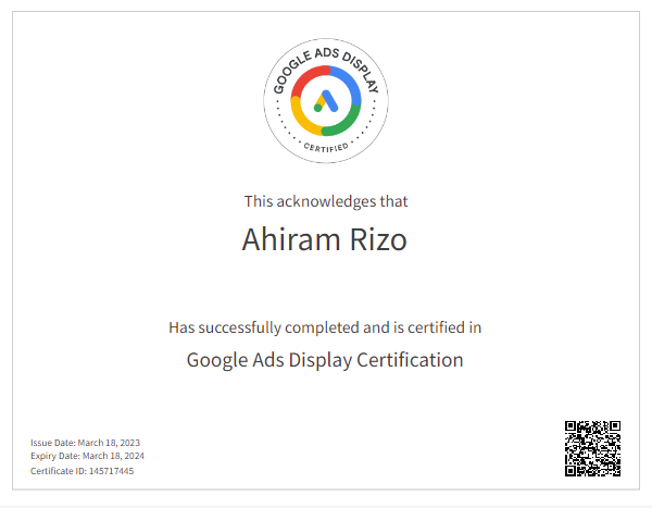 Ads display certificate